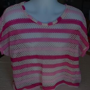 BiBi Pink and White Striped Crochet Crop Top